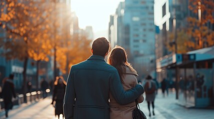 Back view of woman and man walking in city center