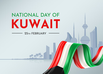 Kuwait National day with 3D ribbon flag. Bent waving 3D flag in colors of the Kuwait national flag