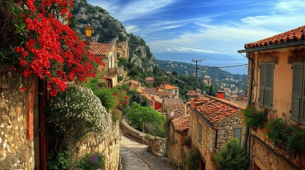 Scenic European Village. A picturesque town nestled amidst ancient stone architecture, surrounded...