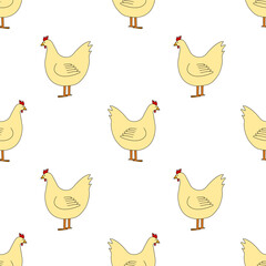 Seamless pattern with cute farm hen isolated on white background. Vector pattern chicken