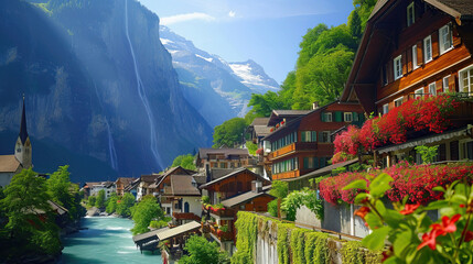 Mountain village nestled in the scenic Alps of Switzerland with charming houses, surrounded by lush greenery, a flowing river, and a majestic castle overlooking the breathtaking panorama