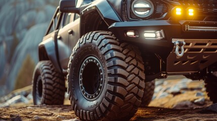 A closeup of a lifted pickup truck with oversized tires its robust frame and powerful headlights exuding a sense of adventure and capability for offroad exploration. - Powered by Adobe