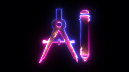 Glowing neon Compas and pencil neon sign and icon. 3D illustration of Compas and pencil in neon light. Concepts of education and choice © Zen Z