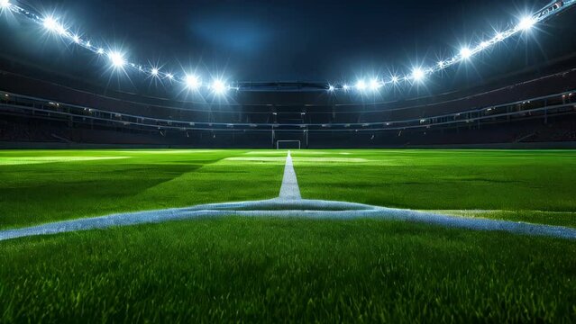 A lit nighttime soccer stadium showcasing the field and goal, setting the stage for the intensity of the game.
