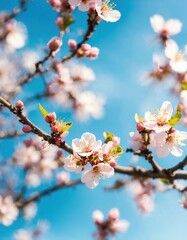 Obraz premium flowers of apricot tree on blurred background of blue sky, close-up
