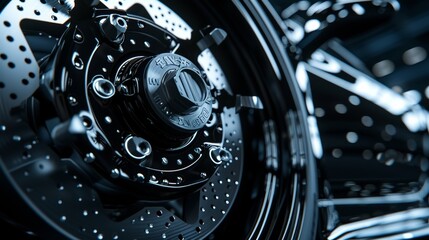 The glossy black coating on the brake caliper is highlighted in the closeup shot giving it a sleek and modern appearance.
