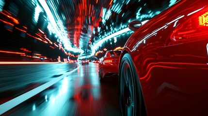 A closeup of cars ping through a tunnel the headlights and brake lights creating a mesmerizing...