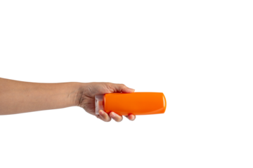 Shampoo bottle in hand isolated on transparent background