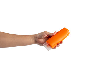 Shampoo bottle in hand isolated on transparent background