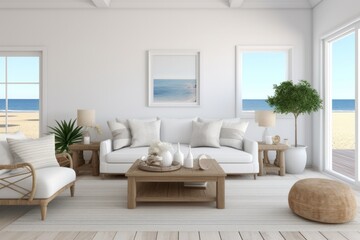 Fototapeta na wymiar Coastal Style Living Room, Presented on a Clean White Background, Generative AI