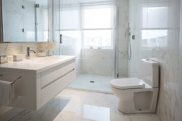 Fototapeta na wymiar Bathroom interior with white walls, tiled floor, white toilet and white sink. 3d rendering