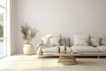 Cozy Scandinavian Living Room Interior, Featured on a Clean White Canvas, Generative AI