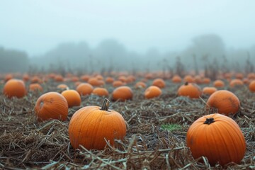 A mysterious and foggy pumpkin patch with pumpkins of various sizes