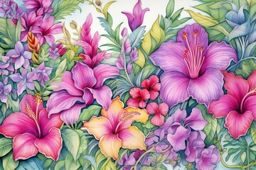 Seamless pattern with hibiscus flowers,  Watercolor illustration