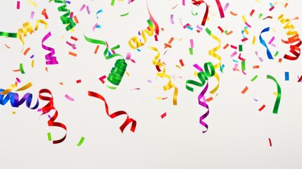 Obraz premium confetti ribbons gracefully descending against a stark white background