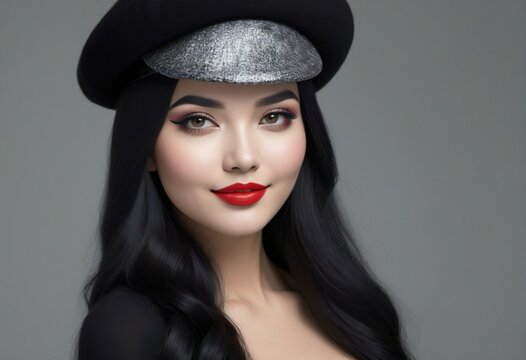 Portrait of beautiful asian woman in beret and black dress