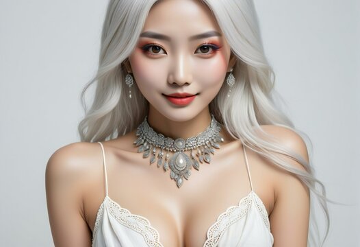 Beautiful asian woman model with white hair and red lips makeup