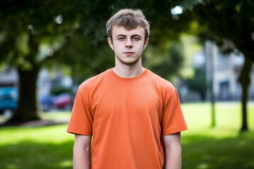 Fototapeta na wymiar Portrait of a handsome young man in an orange t-shirt in the park