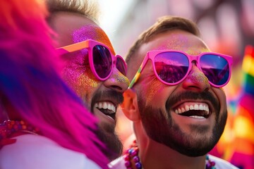 Happy young couple having fun at the festival of colors Holi in India
