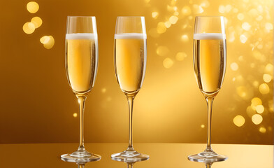 Three champagne glasses on a simple gold background, Valentine's Day, Christmas. Generative AI