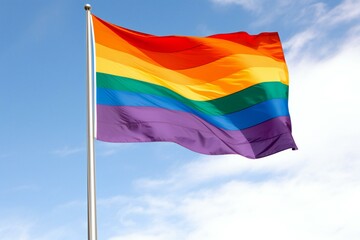 Flag of the LGBT community waving in the wind against the blue sky