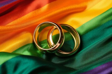 Wedding rings on the background of the LGBT flag, close-up