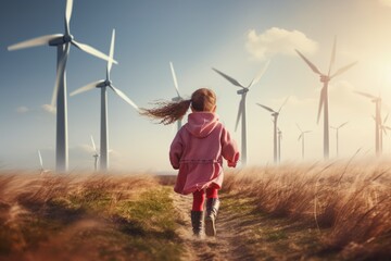 Renewable energy concept,The back of Little Girl is running the way to wind energy ,Wind turbines