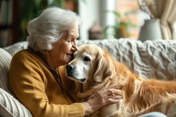 Senior woman sitting on the sofa and playing with her pet dog at home. 