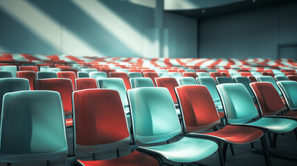 empty rows of conference chairs, in the style of light teal and light red