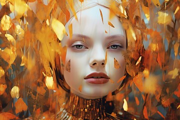 Beautiful young woman with golden autumn leaves,  Beauty, fashion
