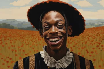 Fototapeten African american man in traditional costume smiling at camera in poppy field © Nam