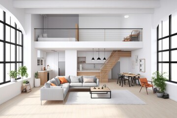 Open Concept Loft Living Area, Showcased on an Isolated White Background, Generative AI