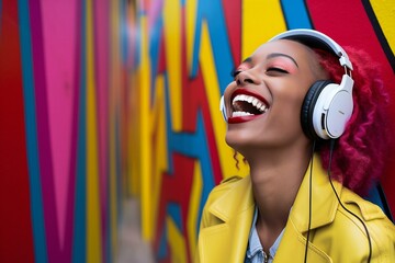 Stylish african american girl in yellow jacket with headphones on colorful graffiti background