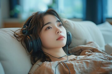 Fototapeta premium Beautiful young asian woman with headphones relaxing and listening to music on the sofa .