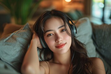 Fototapeta premium Beautiful young asian woman with headphones relaxing and listening to music on the sofa .