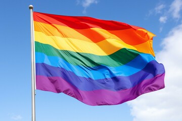 Rainbow flag waving in the wind against a blue sky with clouds
