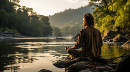 40s white man meditating on the banks of a river surrounded by nature in an atmosphere of tranquility.
