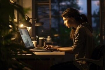 Young Woman Writing Code on Desktop Computer in Stylish Loft Apartment 