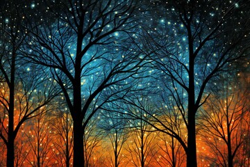 Winter forest with trees and snowflakes on the background of the night sky