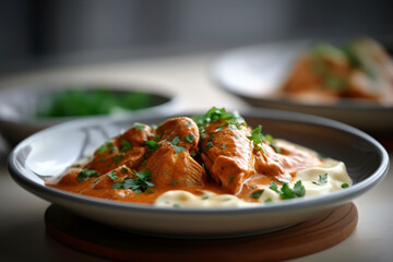 Chicken paprikash is served on a ceramic plate. (Generative AI)