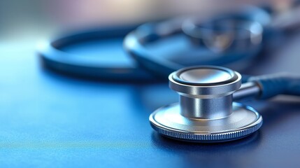 A close-up photograph of a stethoscope resting atop a blue-backed table, space, Generative AI.
