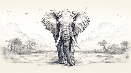 Hand drawn sketch of elephant mother and calf walking