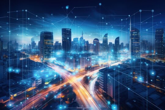 Smart city dot point connect with gradient line, connection technology metaverse 