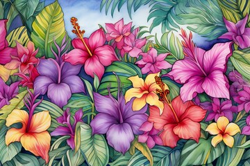 Seamless pattern with tropical hibiscus flowers and leaves