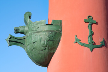 Fragment of the ancient southern Rostral Column (1810) close-up. Historical center of St....