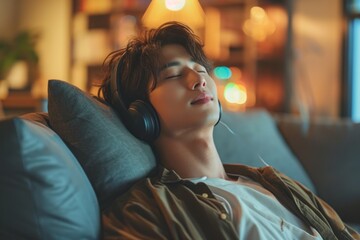 Rest And Relax Concept. An Asian man sits calmly on the couch listening to music, audiobooks, and podcasts, meditating for peace of mind and sleep, and wearing wireless headphones. - obrazy, fototapety, plakaty