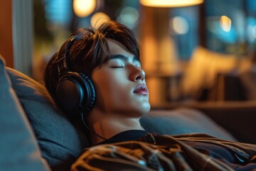 Fototapeta premium Rest And Relax Concept. An Asian man sits calmly on the couch listening to music, audiobooks, and podcasts, meditating for peace of mind and sleep, and wearing wireless headphones.