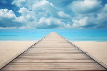 Wooden pier on tropical beach with blue sky and white clouds