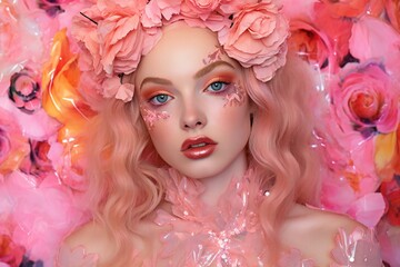 Close-up portrait of a beautiful girl with pink hair in a wreath of flowers