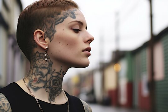 Portrait of a young beautiful woman with tattoos on her body